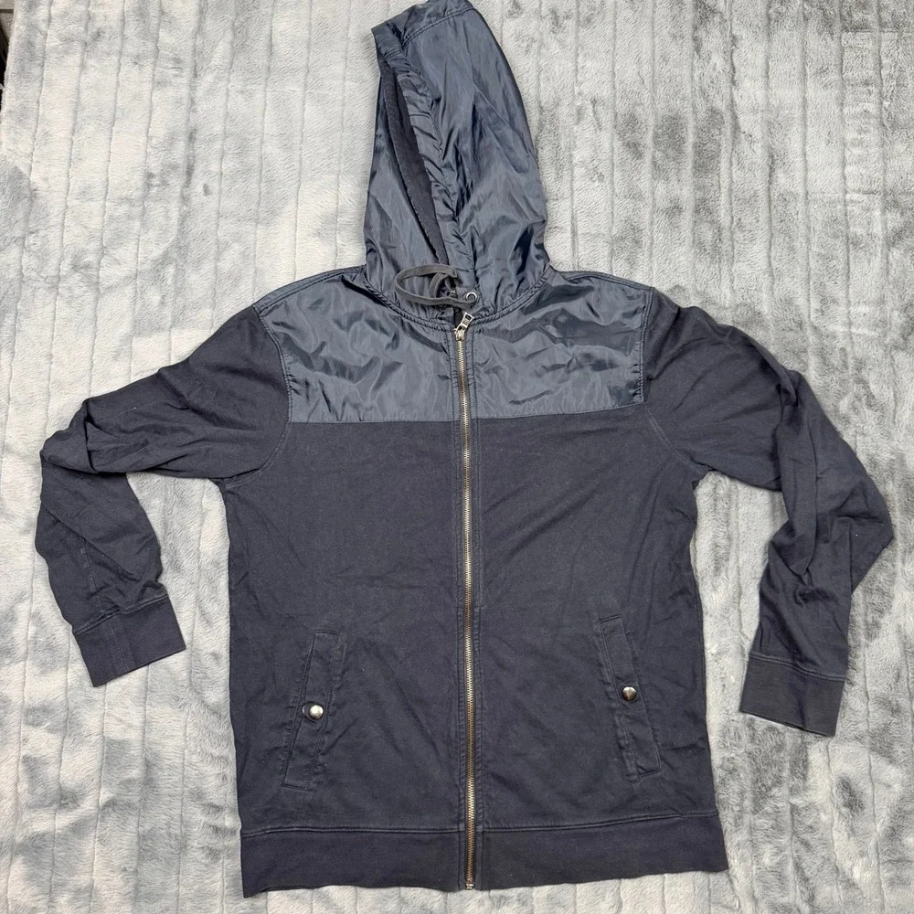 Banana Republic Mens Navy Blue Mixed Media Full Zip Hoodie Woven Trim Large